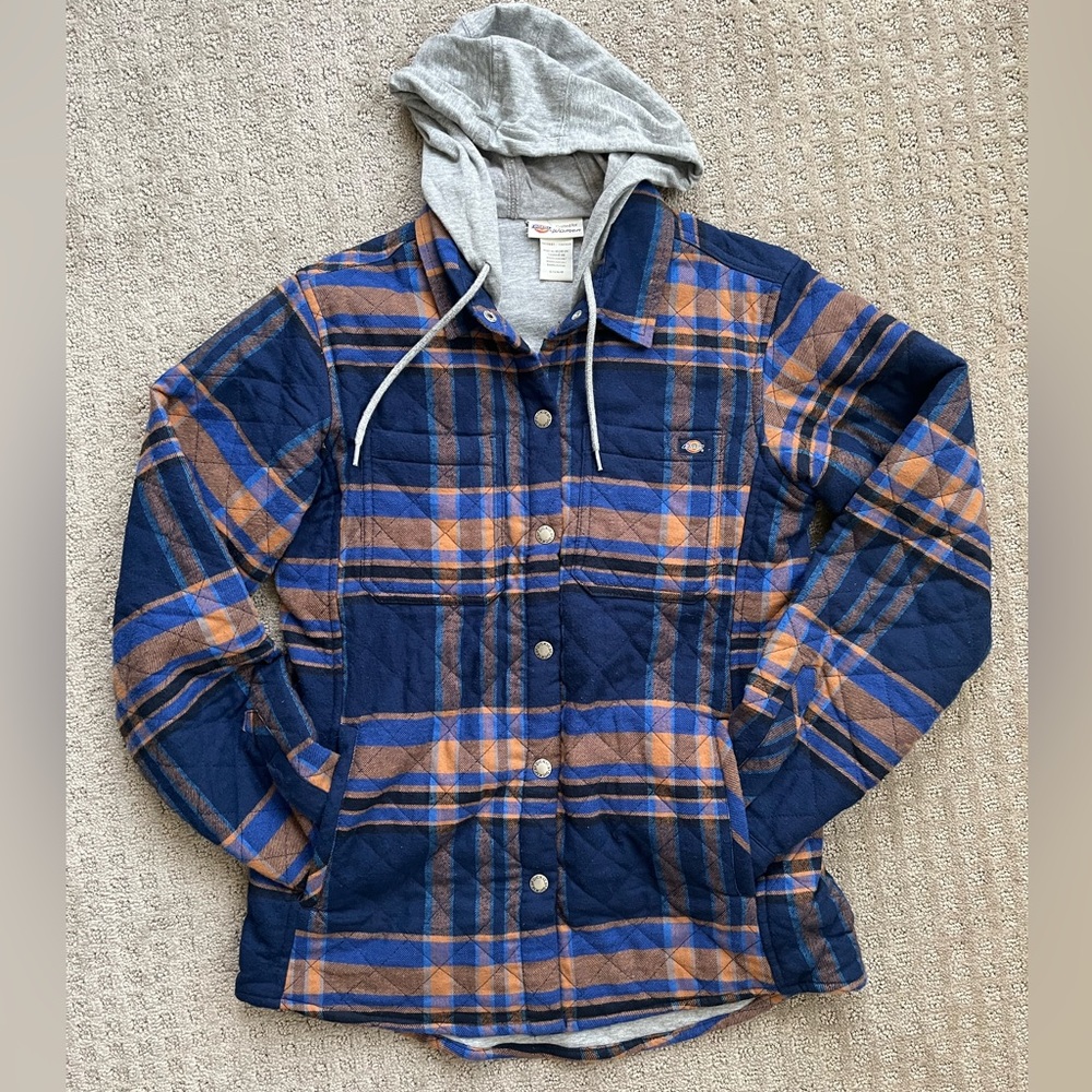 Dickies Women Quilted Plaid Flannel Shacket with Hood Sz Small